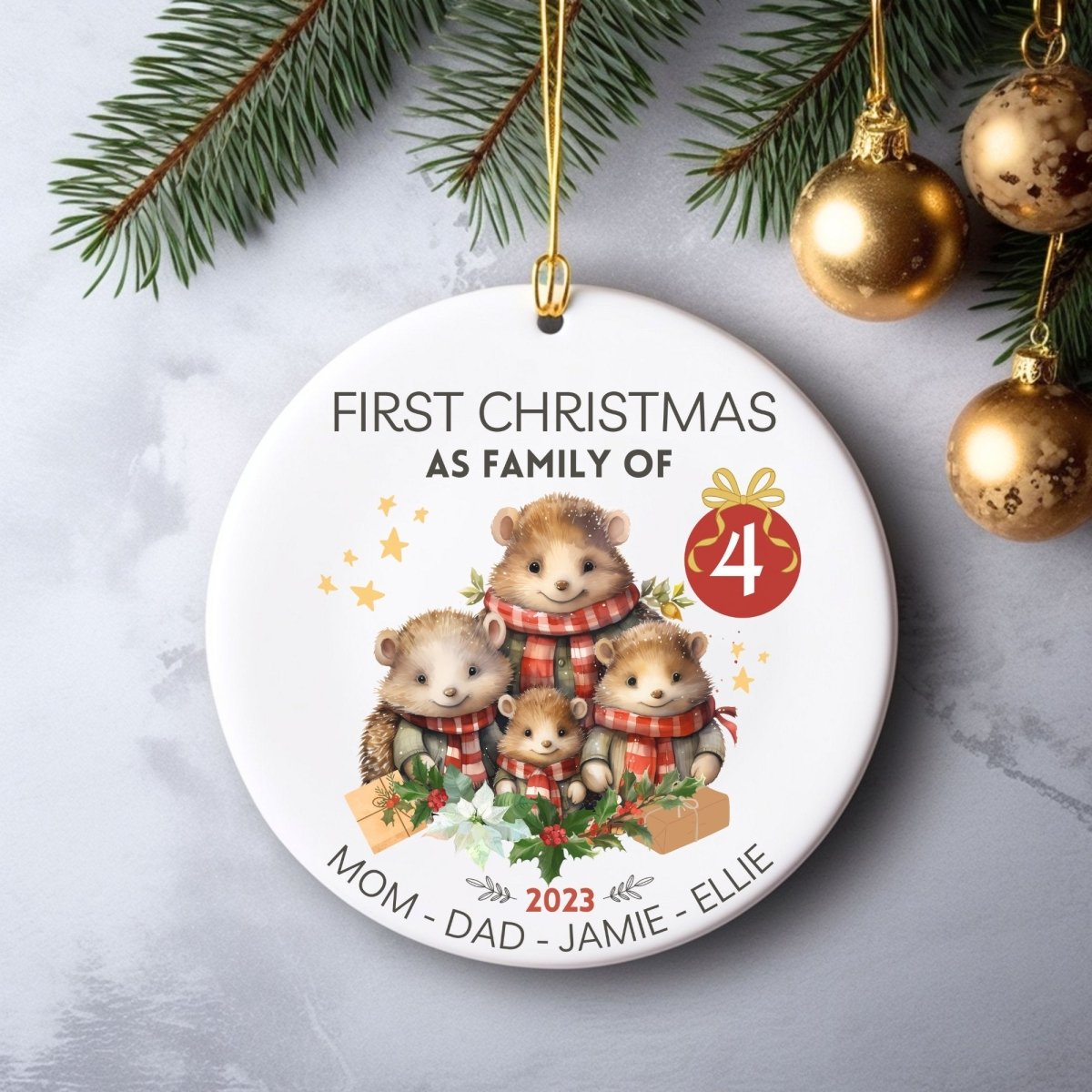 Custom First Christmas as Family of Four - Personalised Round Ceramic Ornament, New Baby Gift, First Christmas Tree Decoration - Everything Pixel