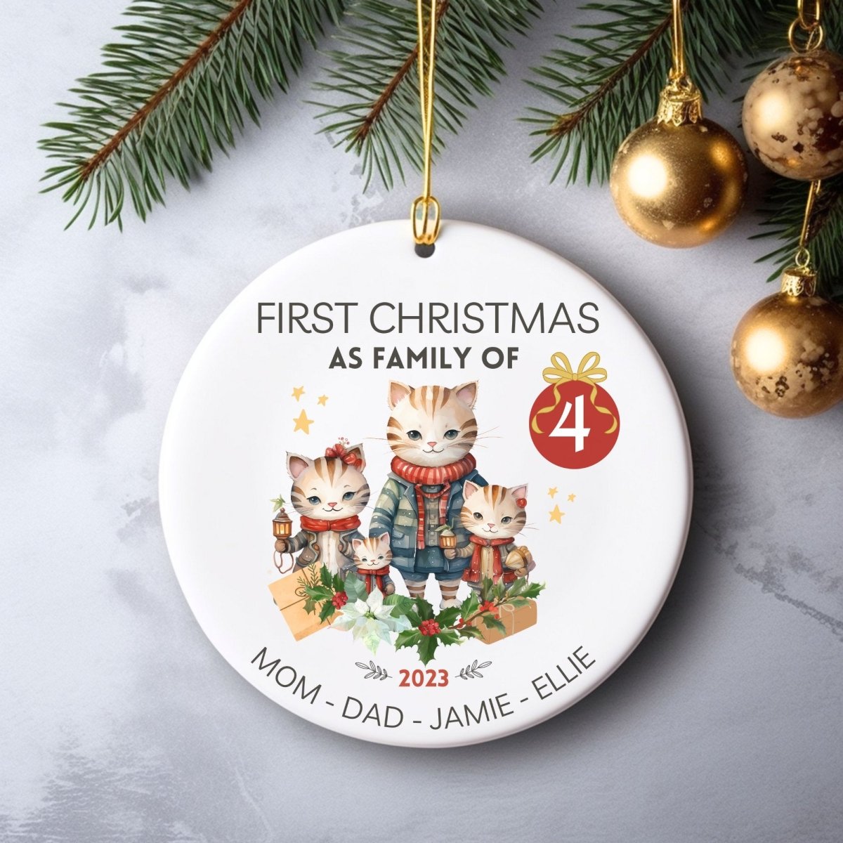 Custom First Christmas as Family of Four - Personalised Round Ceramic Ornament, New Baby Gift, First Christmas Tree Decoration - Everything Pixel