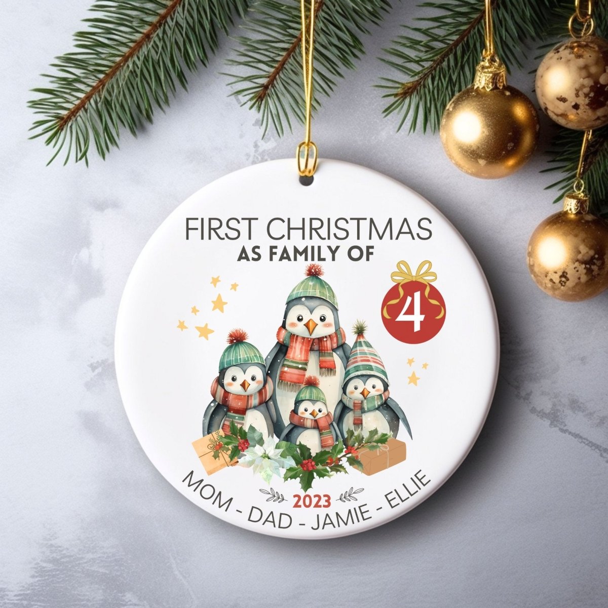 Custom First Christmas as Family of Four - Personalised Round Ceramic Ornament, New Baby Gift, First Christmas Tree Decoration - Everything Pixel