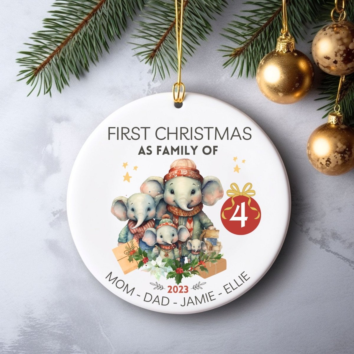 Custom First Christmas as Family of Four - Personalised Round Ceramic Ornament, New Baby Gift, First Christmas Tree Decoration - Everything Pixel