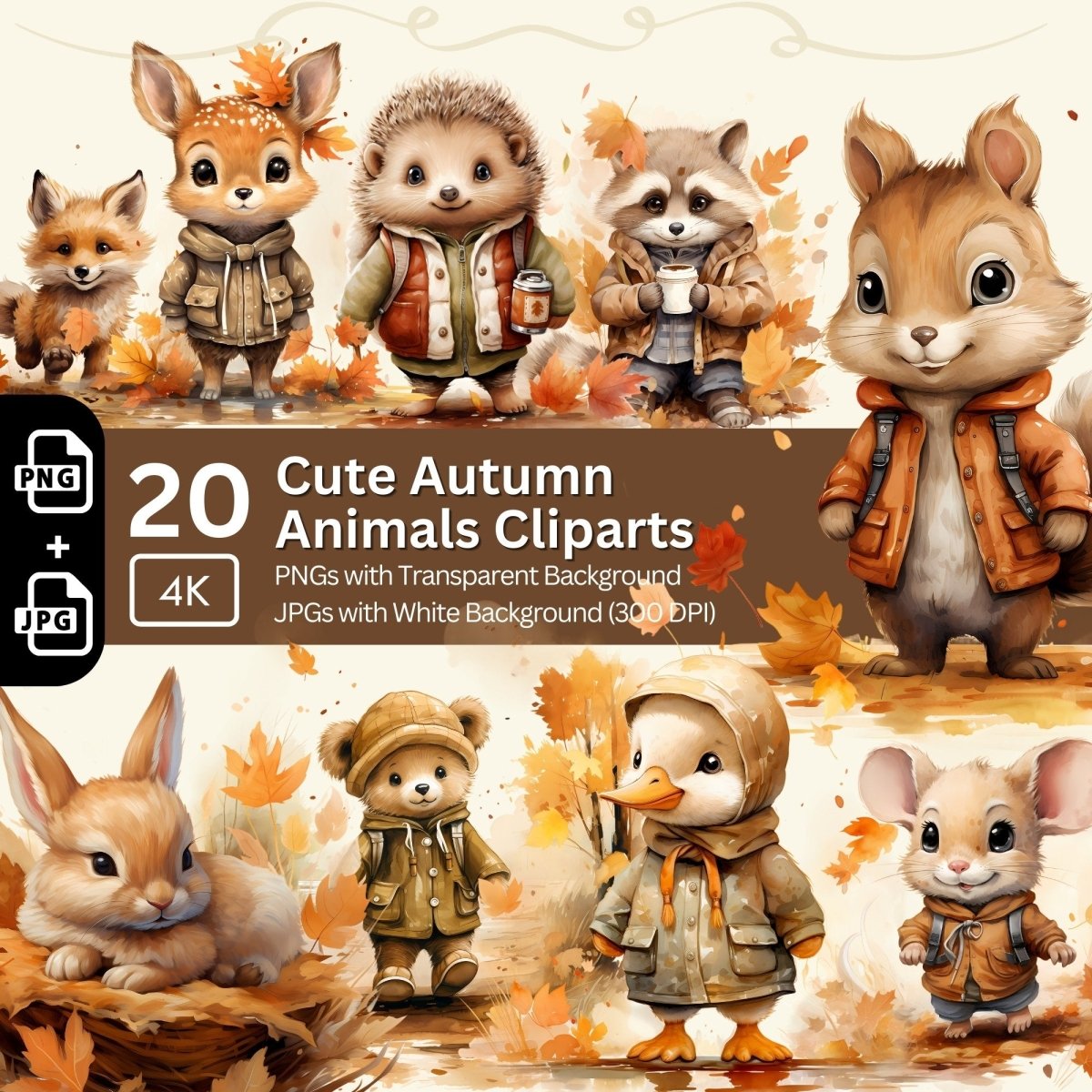 Cute Autumn Animals Clipart 20 PNG Bundle Fall Cartoon Images Seasonal Children Book Illustrations Card Making Woodland Animal Junk Journal - Everything Pixel