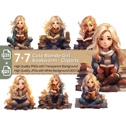 Cute Blonde Girl Bookworm 7+7 PNG Clip Art Bundle for Book Lovers - Everything Pixel