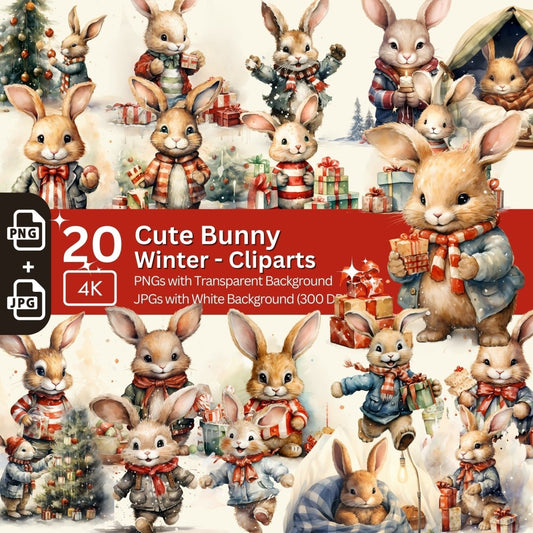 Cute Christmas Bunny Clipart 20 PNG Bundle Festive Animal Clipart Nursery Art Card Making Kit Digital Paper Craft Holiday Bunny Graphic - Everything Pixel