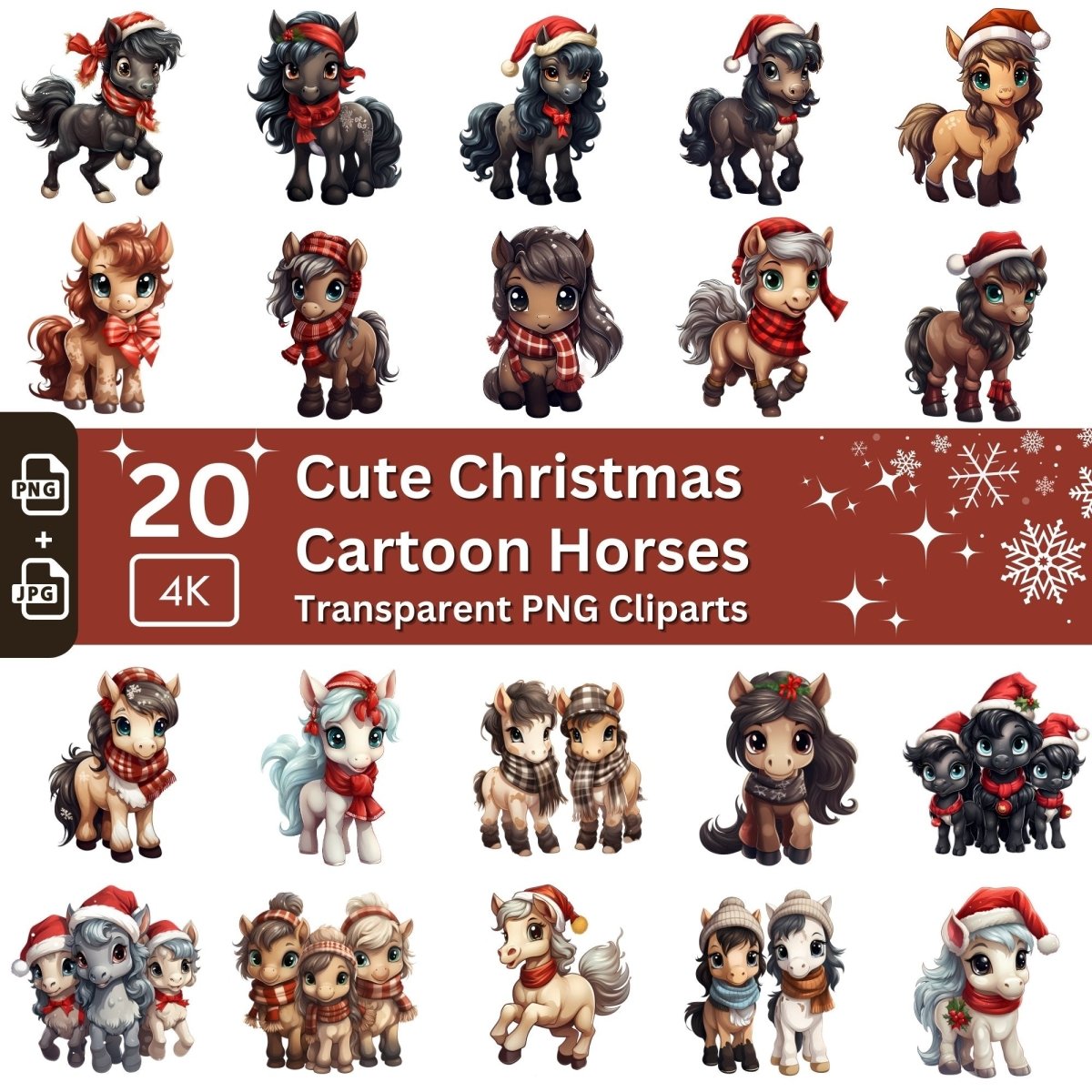 Cute Christmas Horses Clipart 20 PNG Bundle Seasonal Horse Images Winter Horse Graphic Horse Kawaii Cartoon Sublimation Junk Journal Kit - Everything Pixel