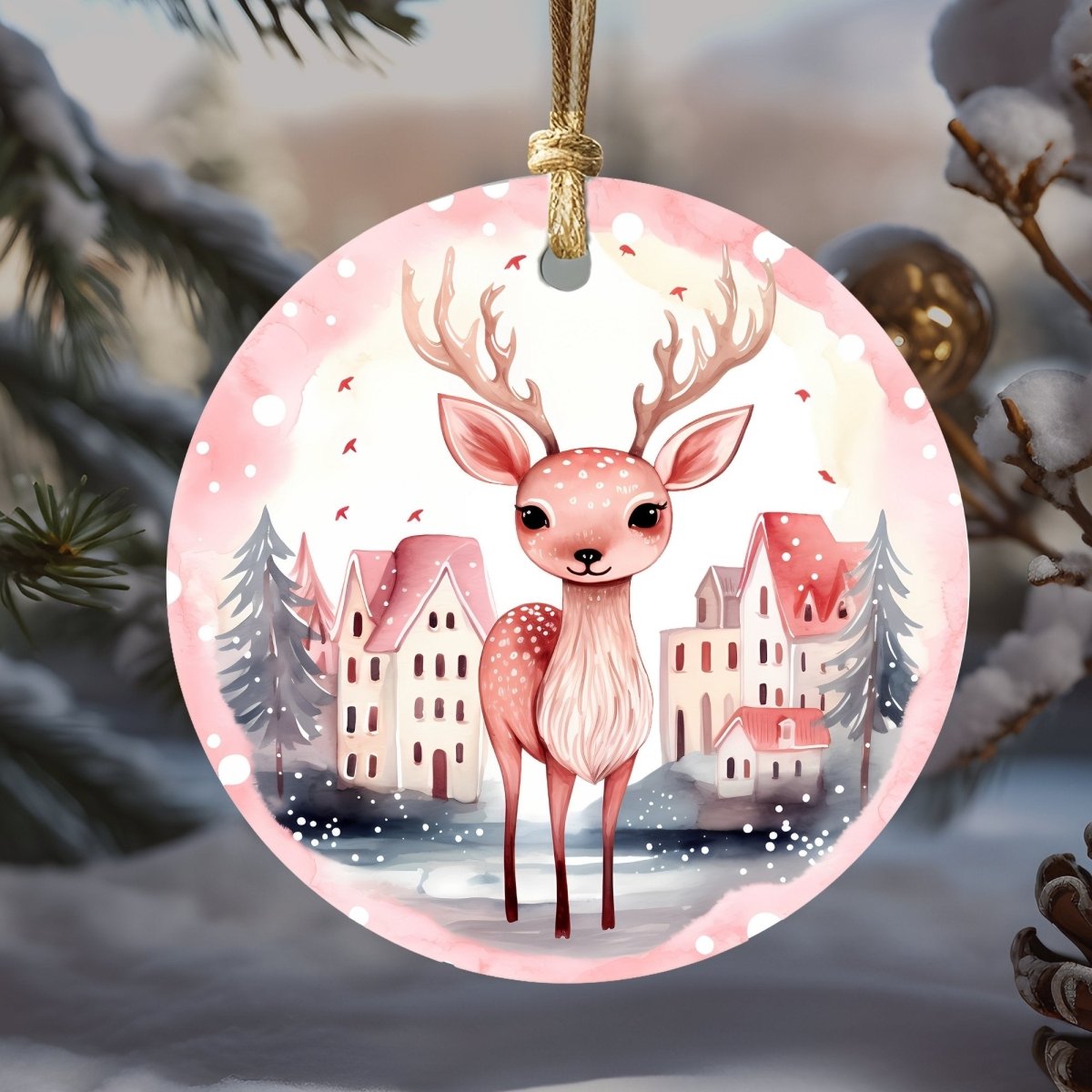 Cute Christmas Ornaments Set of 20 Round Ceramic Ornaments Printed Cute Animal Motifs Pink Mint Festive Christmas Tree Decoration - Everything Pixel