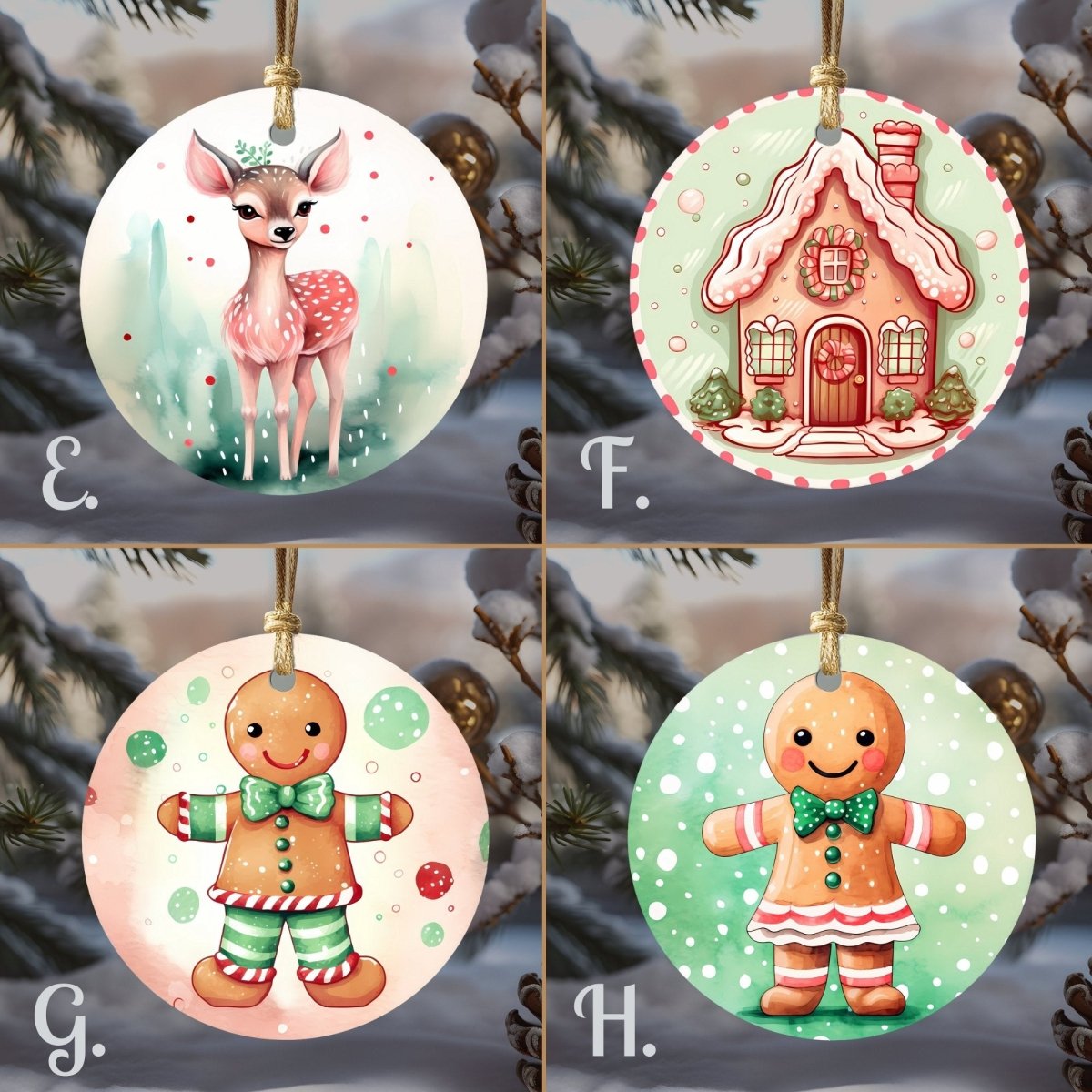 Cute Christmas Ornaments Set of 20 Round Ceramic Ornaments Printed Cute Animal Motifs Pink Mint Festive Christmas Tree Decoration - Everything Pixel