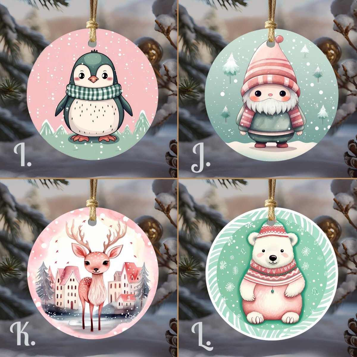 Cute Christmas Ornaments Set of 20 Round Ceramic Ornaments Printed Cute Animal Motifs Pink Mint Festive Christmas Tree Decoration - Everything Pixel