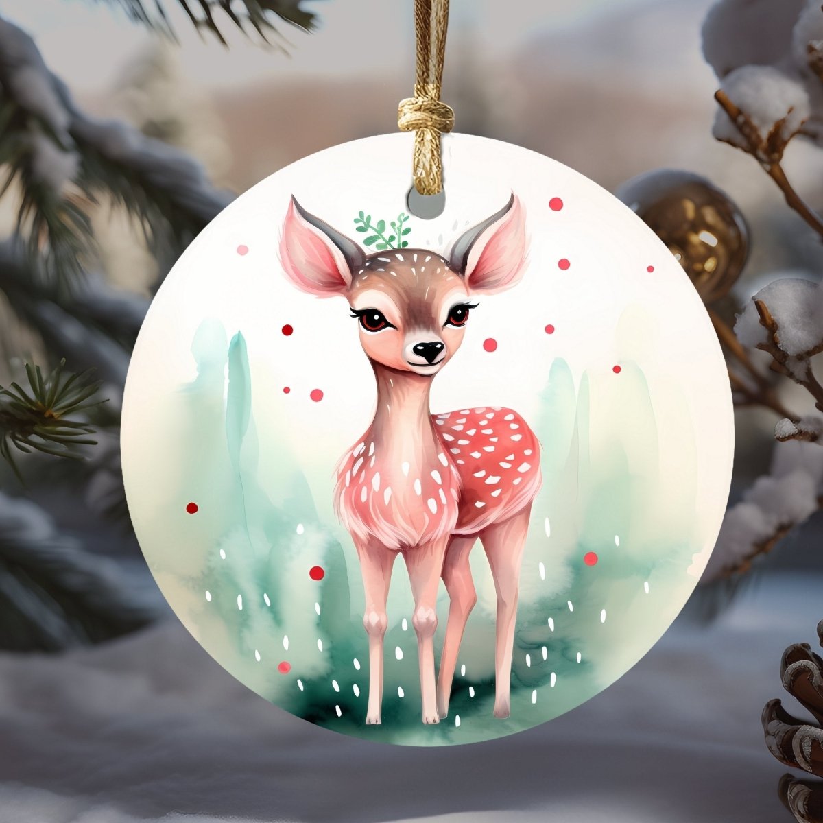 Cute Christmas Ornaments Set of 20 Round Ceramic Ornaments Printed Cute Animal Motifs Pink Mint Festive Christmas Tree Decoration - Everything Pixel