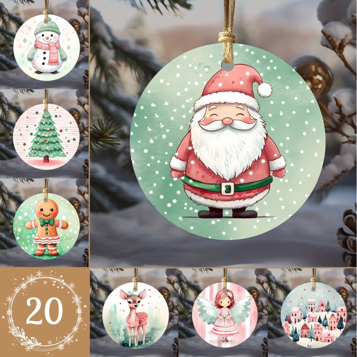 Cute Christmas Ornaments Set of 20 Round Ceramic Ornaments Printed Cute Animal Motifs Pink Mint Festive Christmas Tree Decoration - Everything Pixel