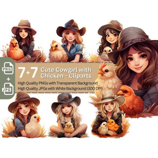 Cute Cowgirl with Chicken 7+7 PNG Clip Art Bundle for Animal Lovers - Everything Pixel