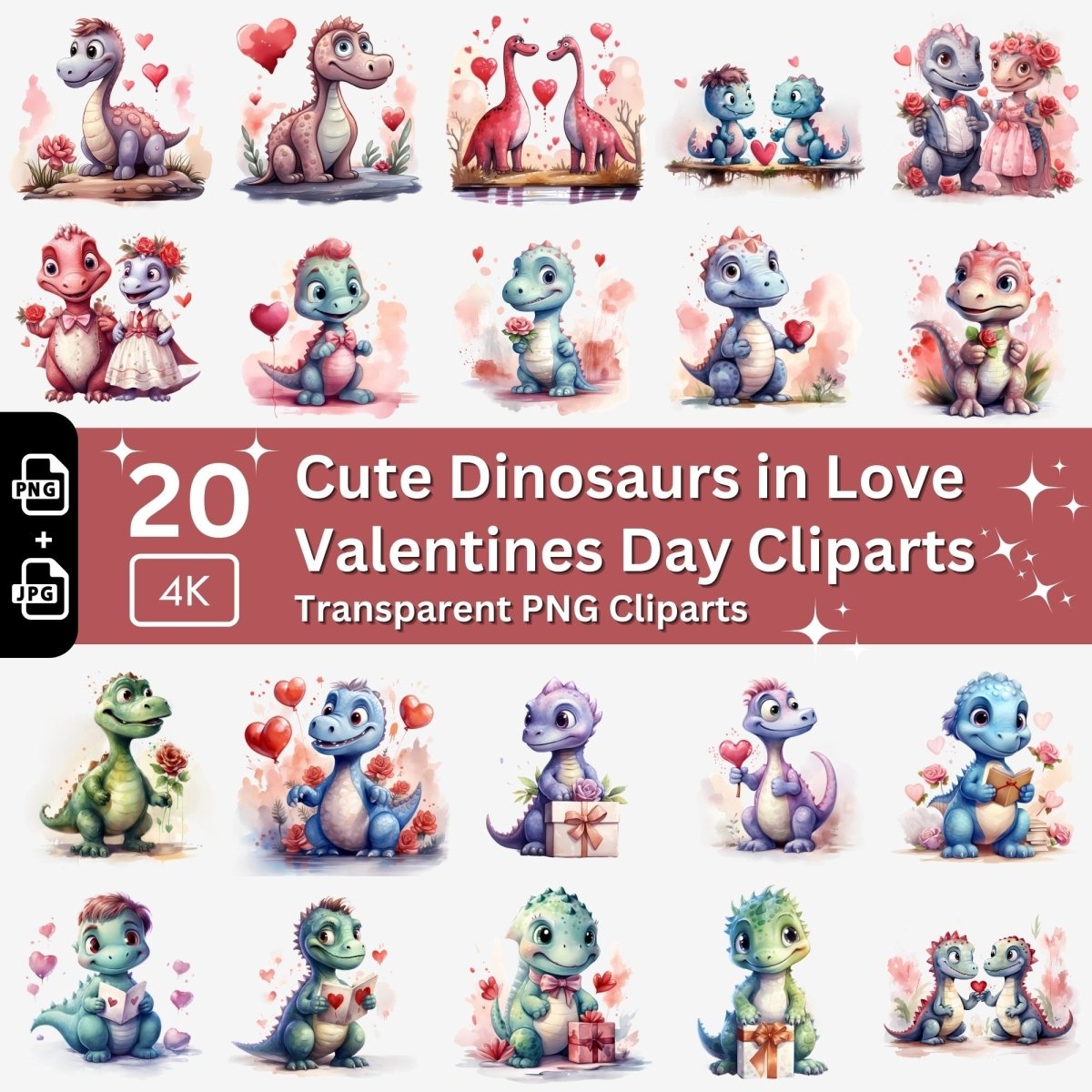 Cute Dinosaur in Love Cliparts 20 PNG Bundle Children Valentines Day Set Card Crafting Junk Journal Kit for Classrooms Watercolor Baby Dino - Everything Pixel