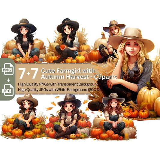 Cute Farmgirl with Autumn Harvest 7+7 PNG Clip Art Bundle for Thanksgiving - Everything Pixel