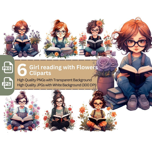 Cute Girl reading with Flowers 6+6 PNG Clip Art Bundle for Book Lovers - Everything Pixel
