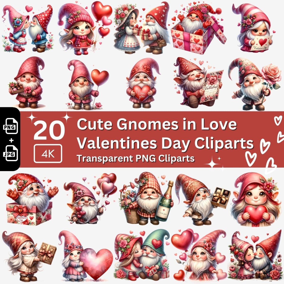 Cute Gnomes in Love Cliparts 20 PNG Bundle Children Valentines Day Set Card Crafting Junk Journal Kit for Classrooms Romantic Sweet Gnomes - Everything Pixel