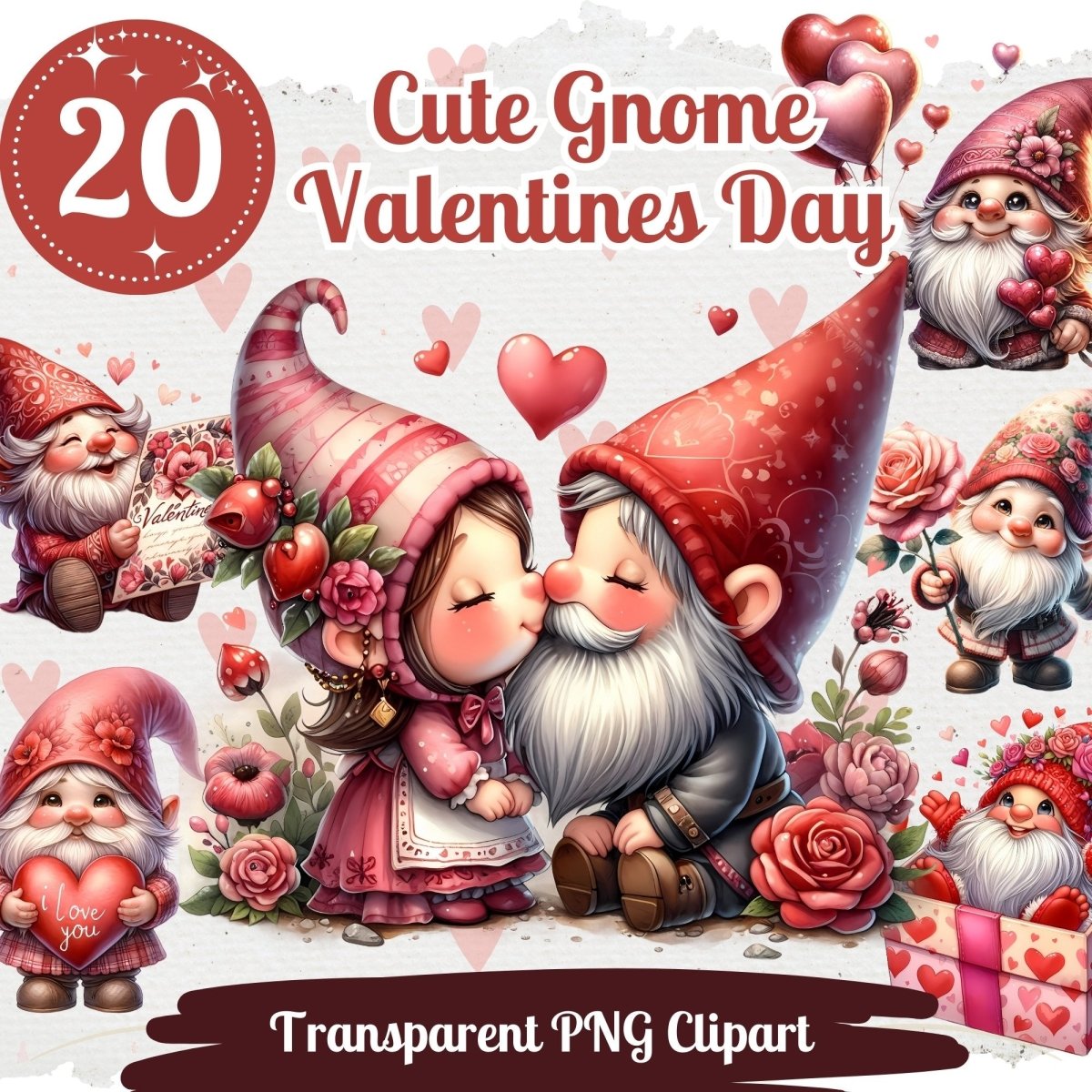 Cute Gnomes in Love Cliparts 20 PNG Bundle Children Valentines Day Set Card Crafting Junk Journal Kit for Classrooms Romantic Sweet Gnomes - Everything Pixel