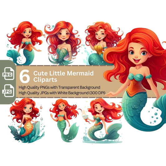 Cute Little Mermaid 6+6 PNG Clip Art Bundle Fantasy - Everything Pixel