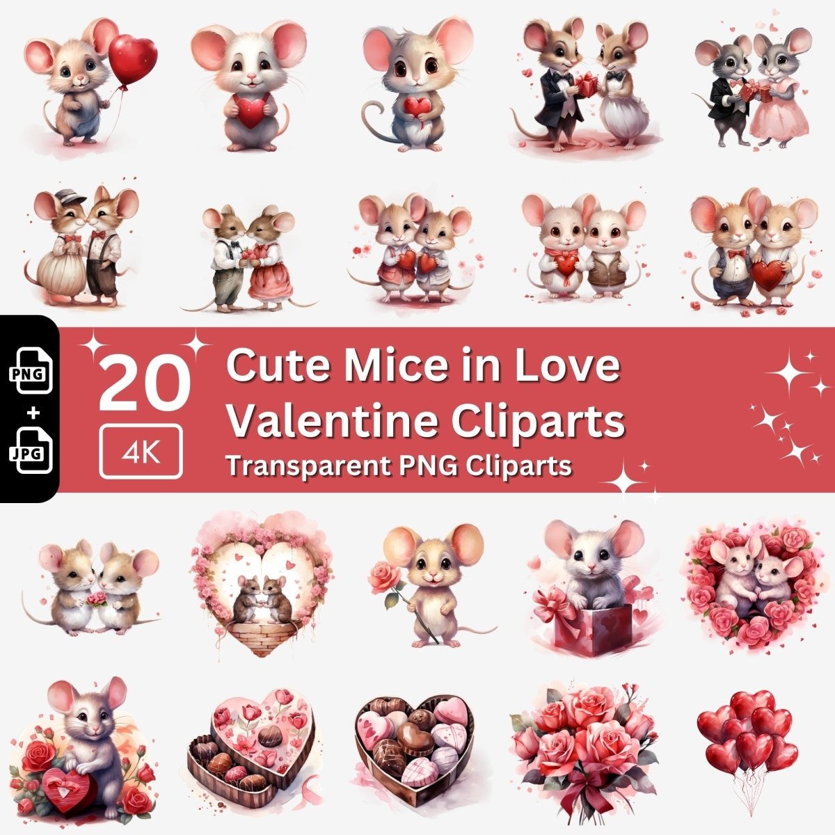 Cute Mice in Love 20 PNG Bundle Valentine Mouse Graphics Mouse with Heart Cute Romantic Valentine Images Card Crafting Junk Journal Kit - Everything Pixel