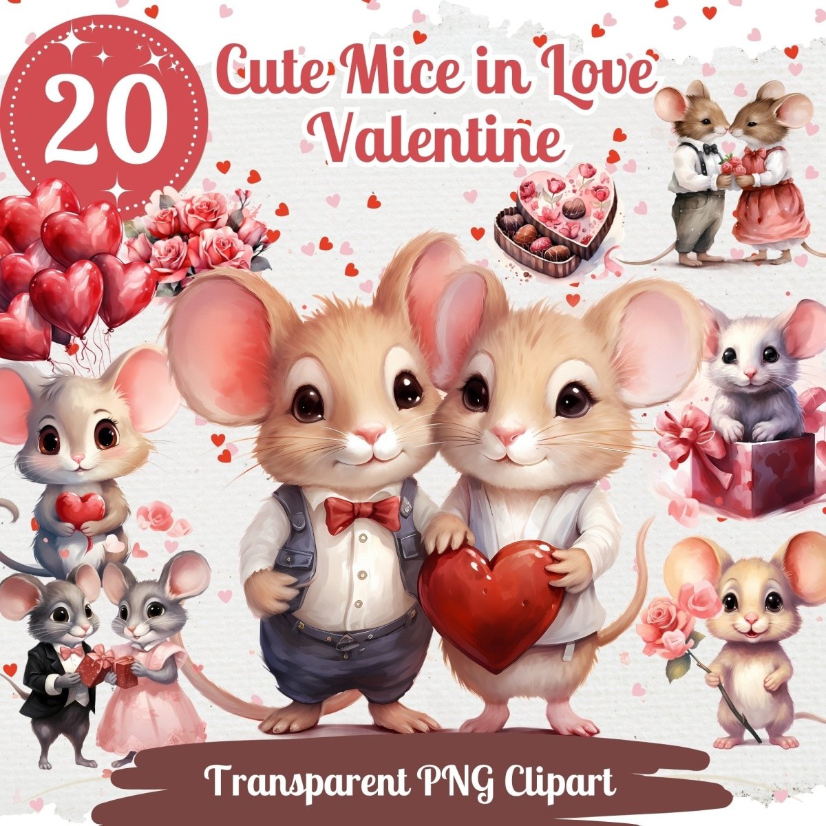 Cute Mice in Love 20 PNG Bundle Valentine Mouse Graphics Mouse with Heart Cute Romantic Valentine Images Card Crafting Junk Journal Kit - Everything Pixel