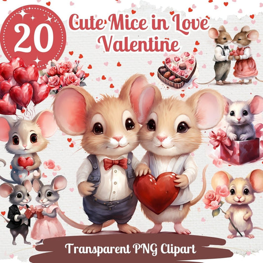 Cute Mice in Love 20 PNG Bundle Valentine Mouse Graphics Mouse with Heart Cute Romantic Valentine Images Card Crafting Junk Journal Kit - Everything Pixel