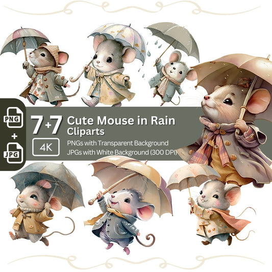 Cute Mouse in Rain Clipart 7+7 PNG JPG Bundle Autumn Animal Clipart - Everything Pixel