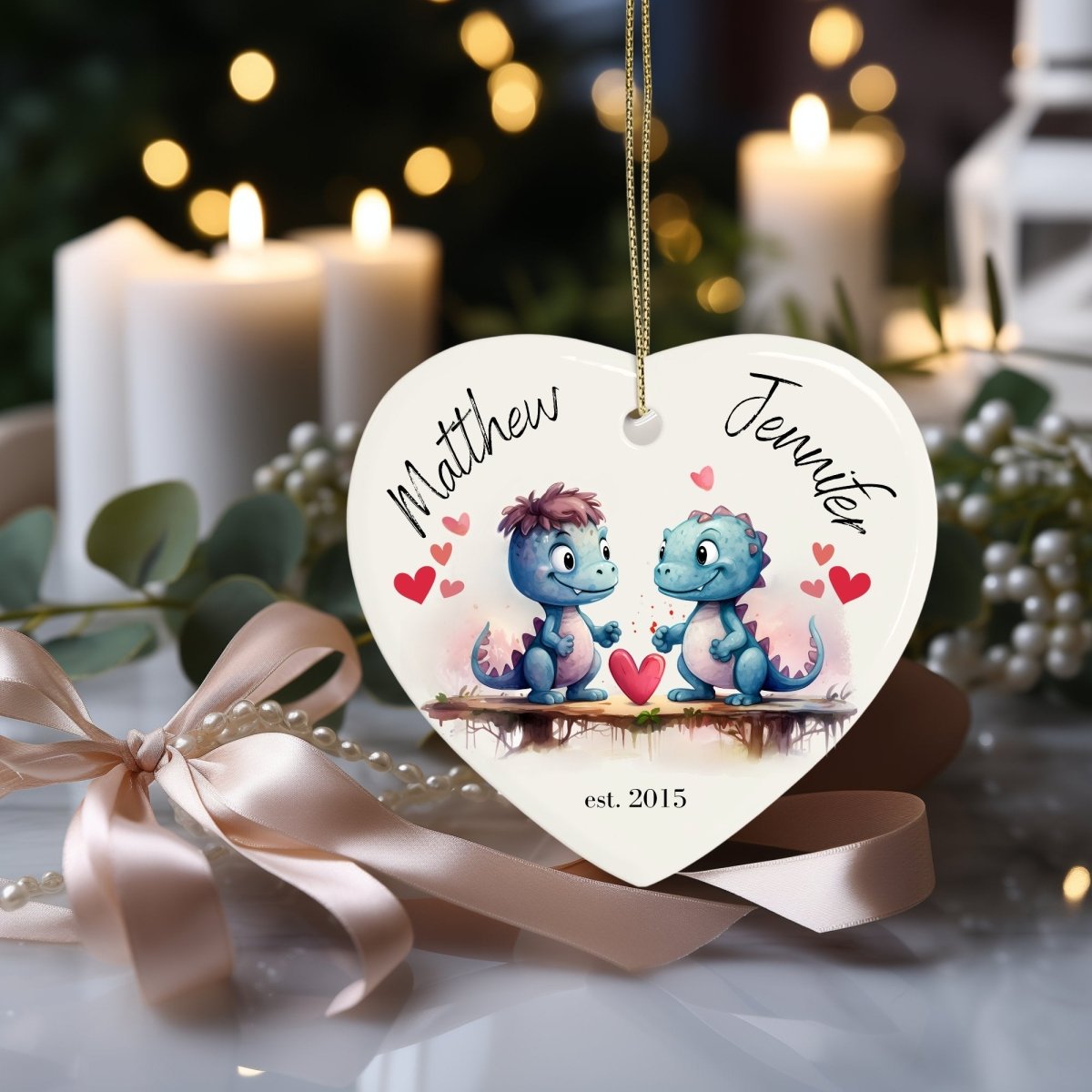 Cute personalised Dinosaur Couple Ornament Ceramic Heart Ornament Lovers Keepsake Valentines Day Gift Anniversary Gift Idea for Soulmates - Everything Pixel