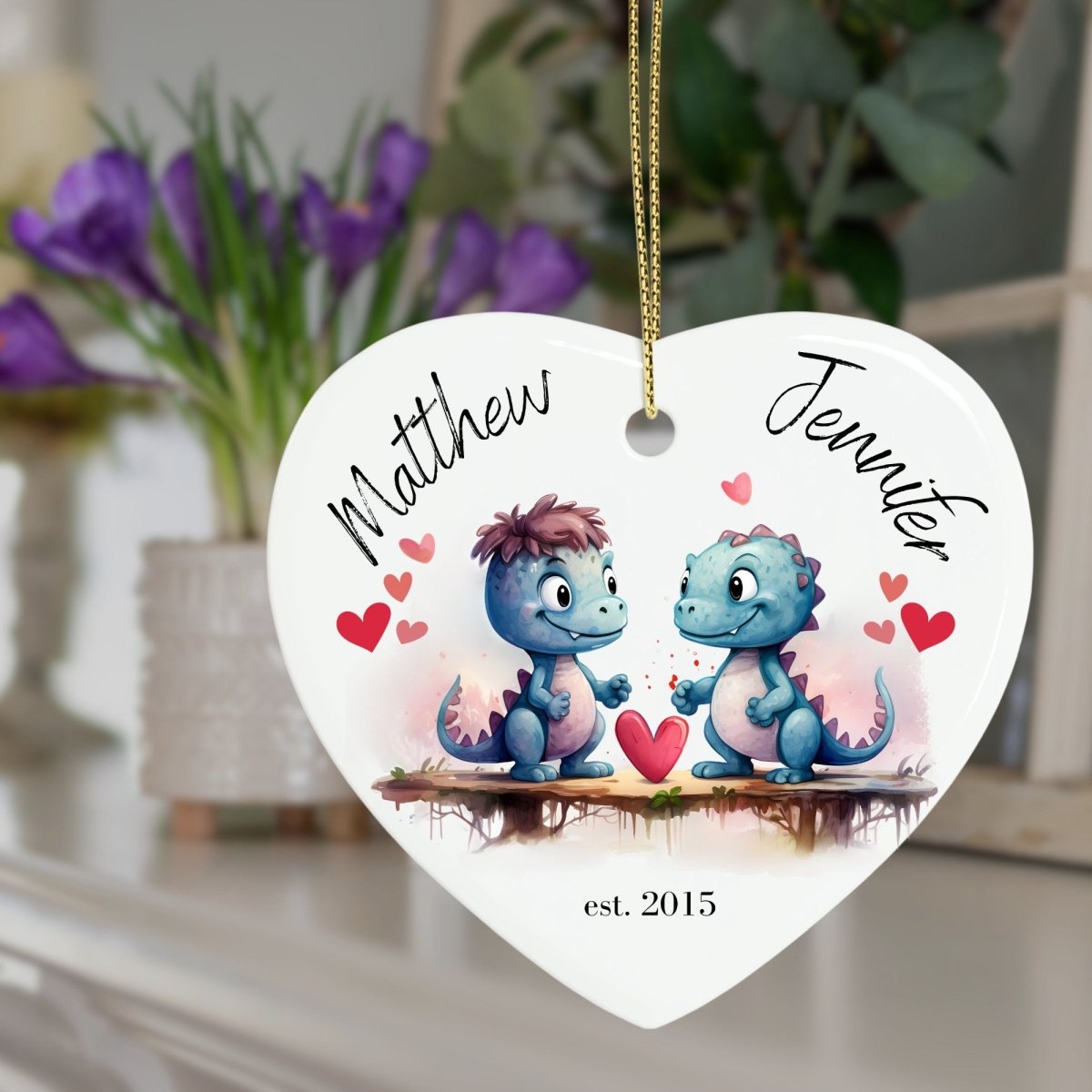 Cute personalised Dinosaur Couple Ornament Ceramic Heart Ornament Lovers Keepsake Valentines Day Gift Anniversary Gift Idea for Soulmates - Everything Pixel