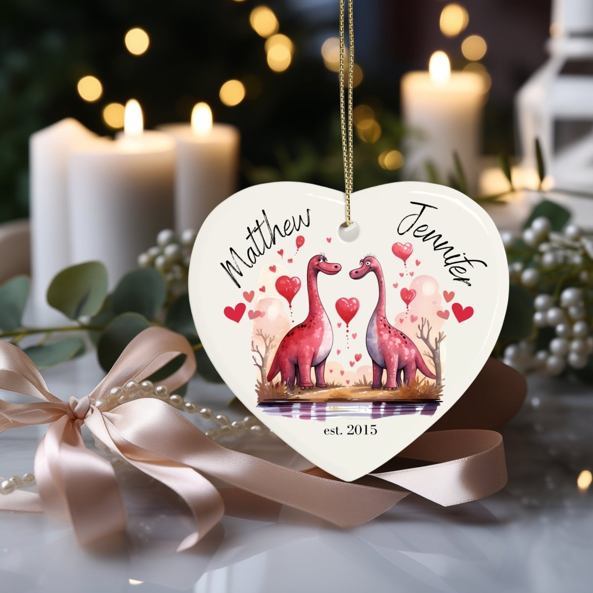 Cute personalised Dinosaur Couple Ornament Ceramic Heart Ornament Lovers Keepsake Valentines Day Gift Anniversary Gift Idea for Soulmates - Everything Pixel