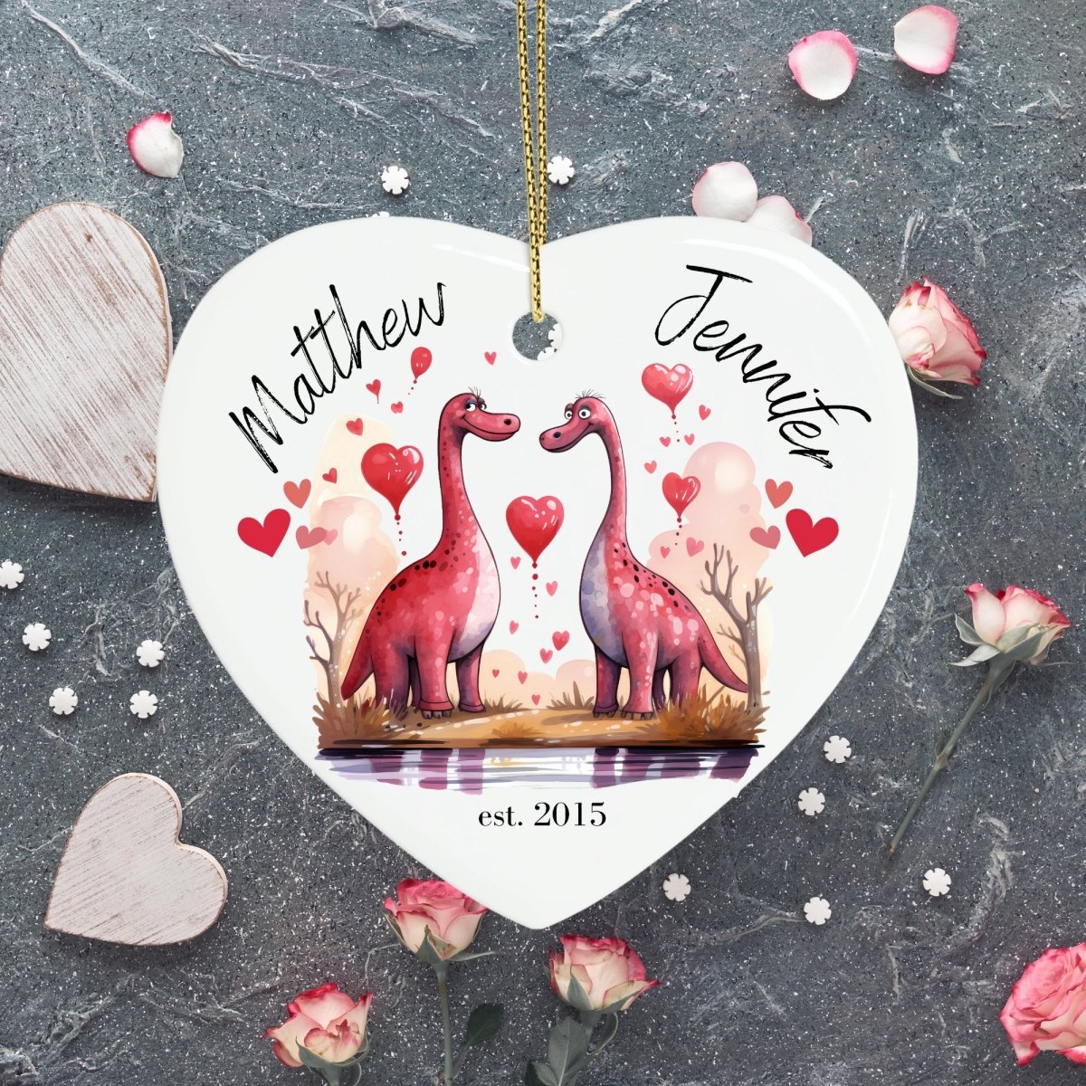 Cute personalised Dinosaur Couple Ornament Ceramic Heart Ornament Lovers Keepsake Valentines Day Gift Anniversary Gift Idea for Soulmates - Everything Pixel