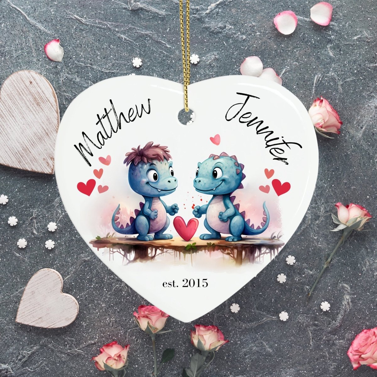 Cute personalised Dinosaur Couple Ornament Ceramic Heart Ornament Lovers Keepsake Valentines Day Gift Anniversary Gift Idea for Soulmates - Everything Pixel