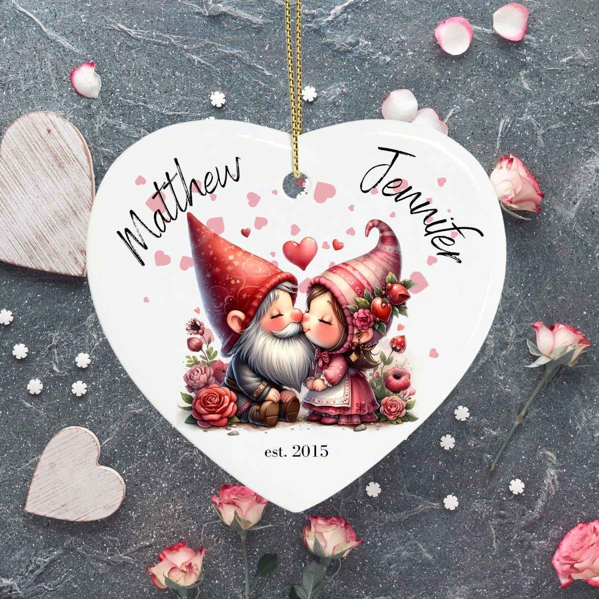 Cute personalised Gnome Couple Ornament Ceramic Heart Ornament Lovers Keepsake Valentines Day Gift Anniversary Gift Idea for Soulmates - Everything Pixel