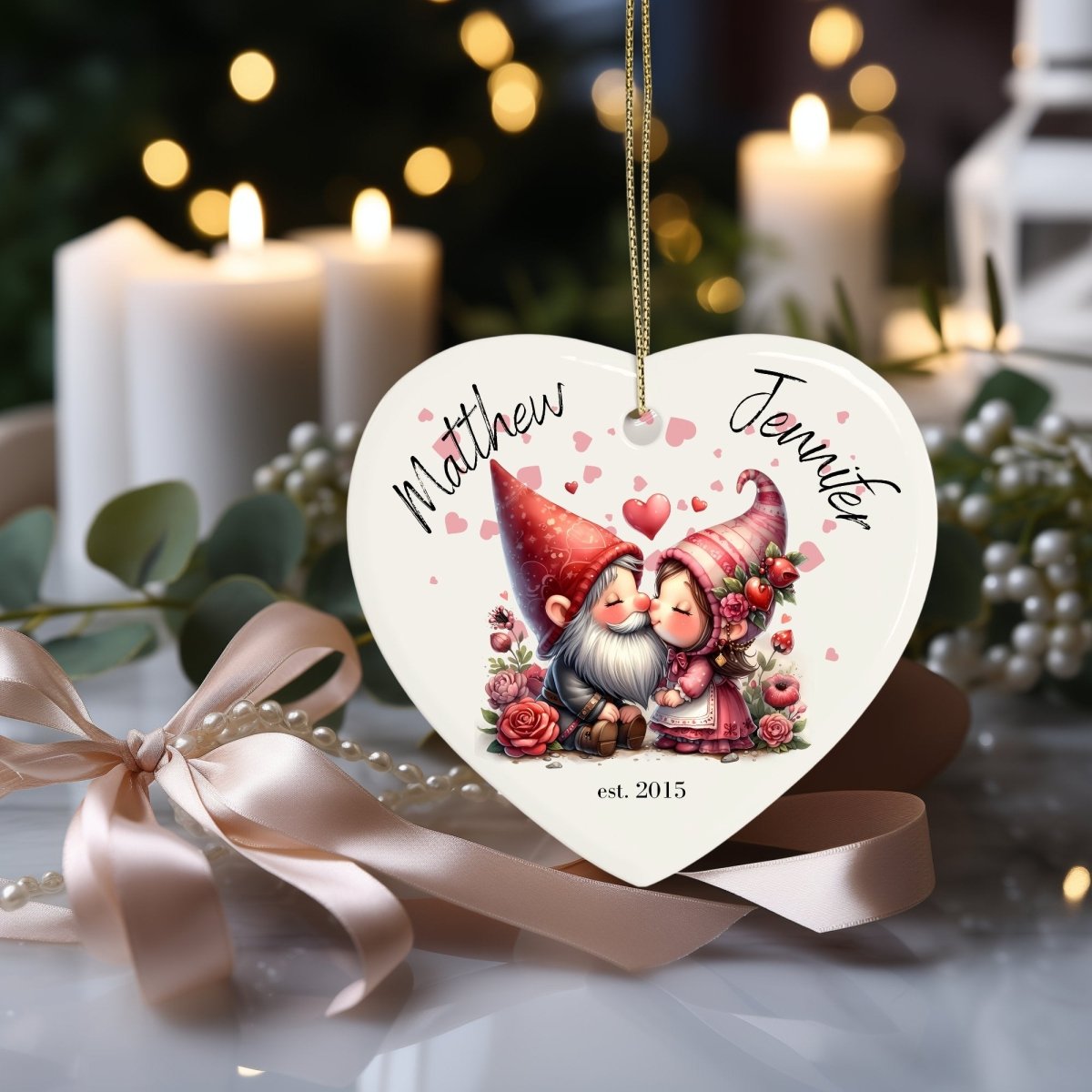 Cute personalised Gnome Couple Ornament Ceramic Heart Ornament Lovers Keepsake Valentines Day Gift Anniversary Gift Idea for Soulmates - Everything Pixel