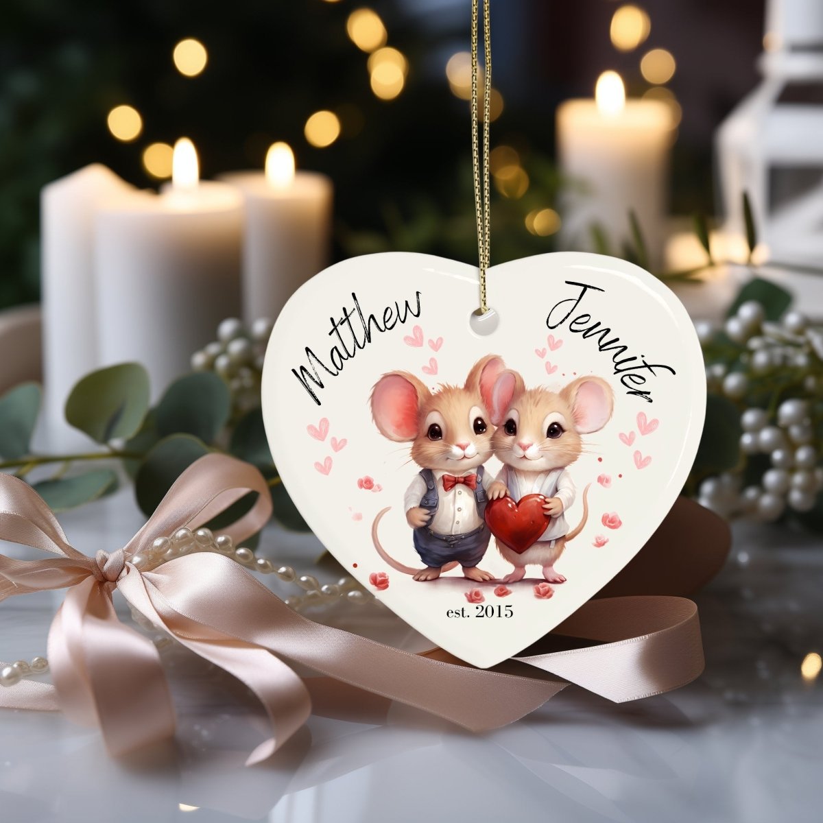 Cute personalised Mouse Couple Ornament Ceramic Heart Ornament Lovers Keepsake Valentines Day Gift Anniversary Gift Idea for Soulmates - Everything Pixel