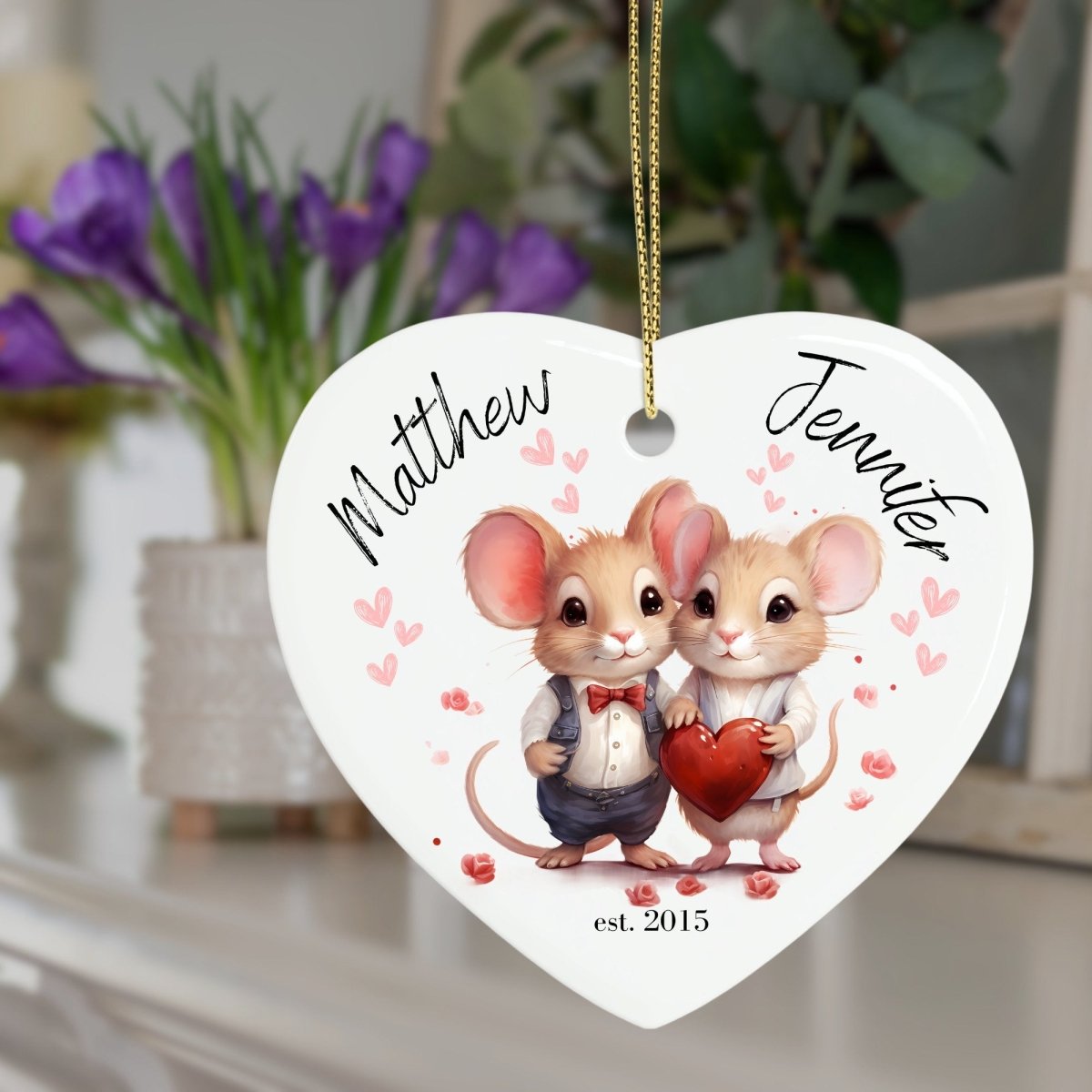 Cute personalised Mouse Couple Ornament Ceramic Heart Ornament Lovers Keepsake Valentines Day Gift Anniversary Gift Idea for Soulmates - Everything Pixel