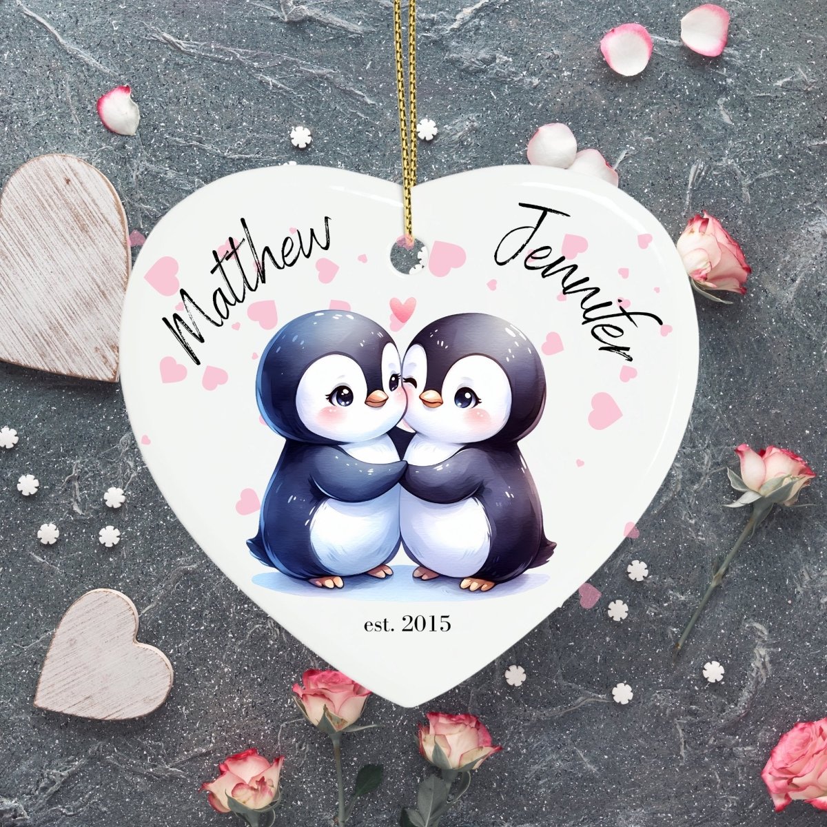 Cute personalised Penguin Couple Ornament Ceramic Heart Ornament Lovers Keepsake Valentines Day Gift Anniversary Gift Idea for Soulmates - Everything Pixel