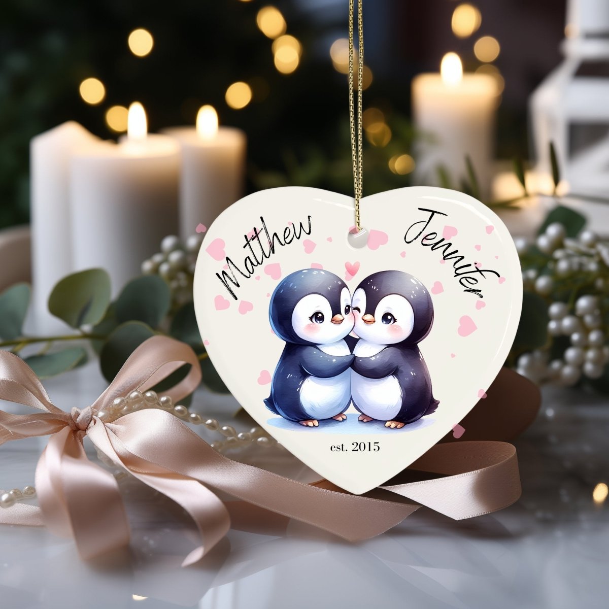 Cute personalised Penguin Couple Ornament Ceramic Heart Ornament Lovers Keepsake Valentines Day Gift Anniversary Gift Idea for Soulmates - Everything Pixel