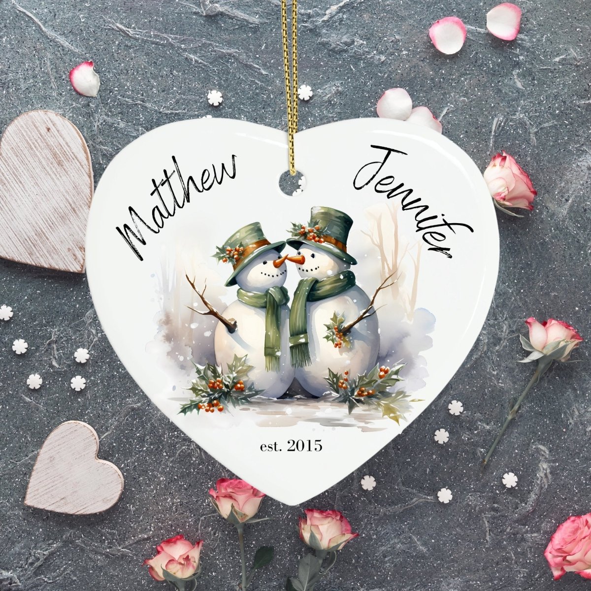 Cute personalised Snowman Couple Ornament Ceramic Heart Ornament Lovers Keepsake Valentines Day Gift Anniversary Gift Idea for Soulmates - Everything Pixel