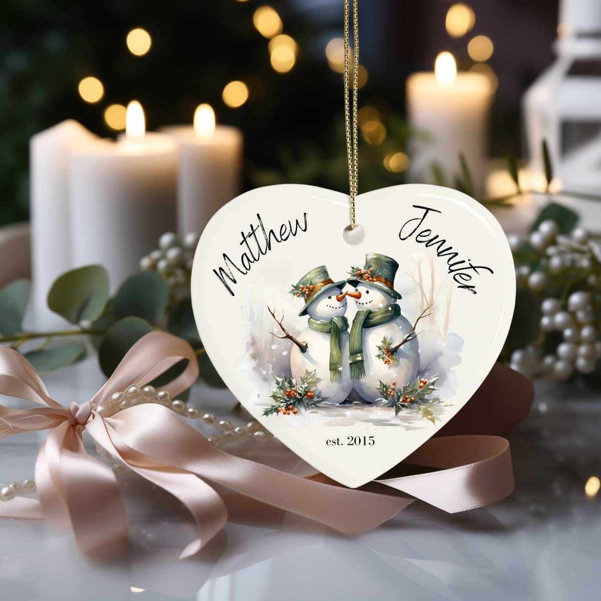 Cute personalised Snowman Couple Ornament Ceramic Heart Ornament Lovers Keepsake Valentines Day Gift Anniversary Gift Idea for Soulmates - Everything Pixel