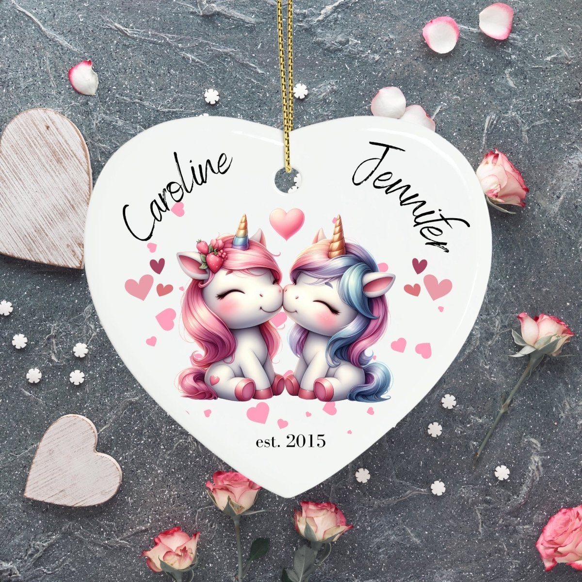 Cute personalised Unicorn Couple Ornament Ceramic Heart Ornament Lovers Keepsake Valentines Day Gift Anniversary Gift Idea for Soulmates - Everything Pixel