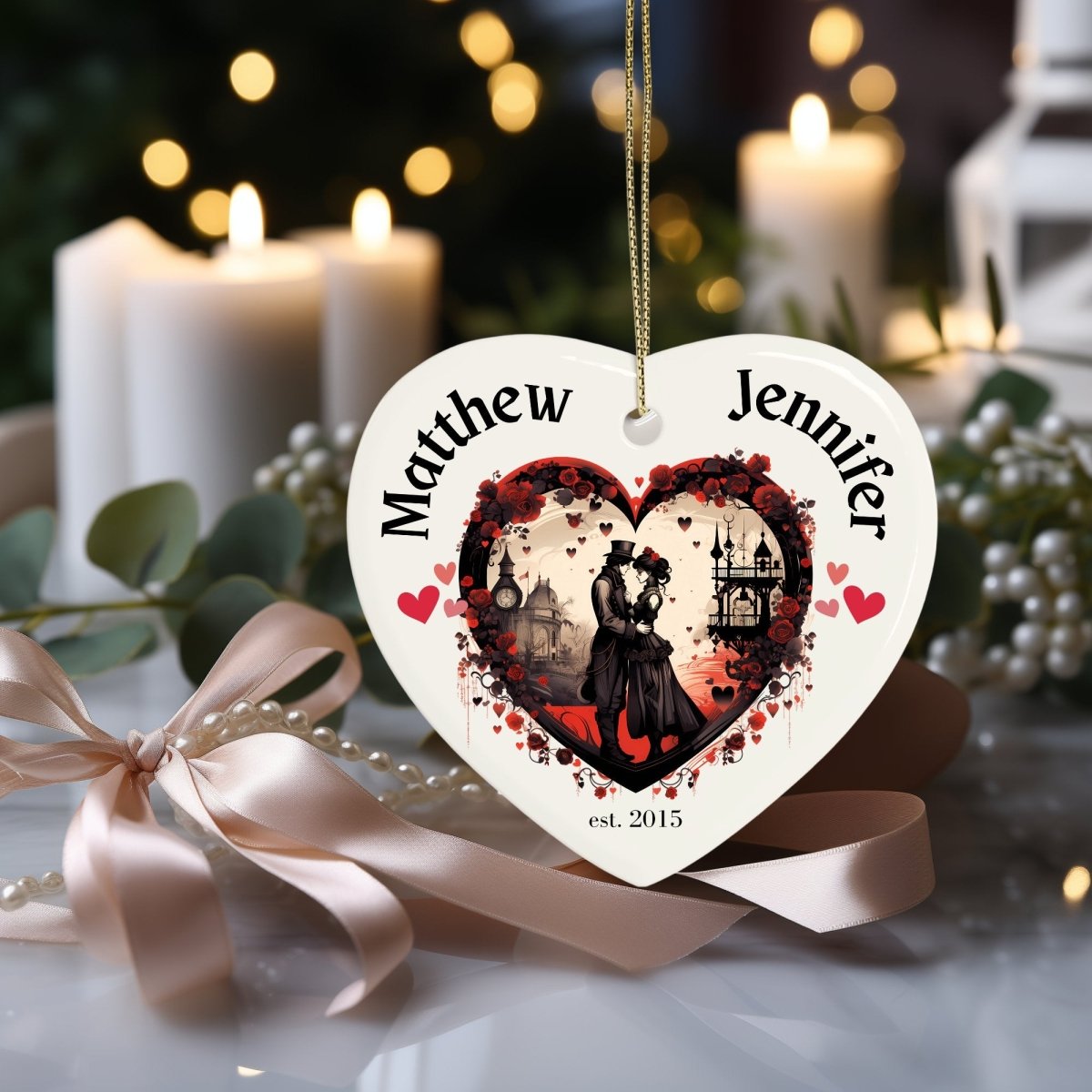 Cute personalised Victorian Couple Ornament Ceramic Heart Ornament Lovers Keepsake Valentines Day Gift Anniversary Gift Idea for Soulmates - Everything Pixel