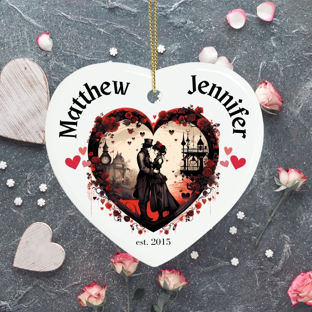 Cute personalised Victorian Couple Ornament Ceramic Heart Ornament Lovers Keepsake Valentines Day Gift Anniversary Gift Idea for Soulmates - Everything Pixel