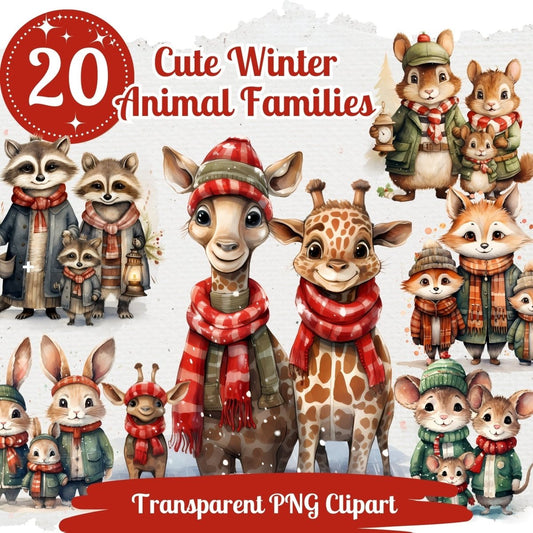Cute Winter Animal Families Clipart 20 PNG Bundle Christmas Watercolor Images Seasonal Children Book Illustrations Card Making Xmas Family - Everything Pixel
