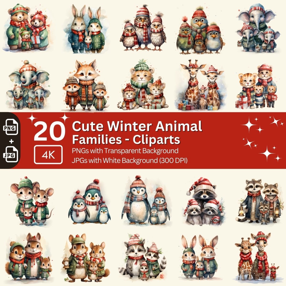 Cute Winter Animal Families Clipart 20 PNG Bundle Christmas Watercolor Images Seasonal Children Book Illustrations Card Making Xmas Family - Everything Pixel