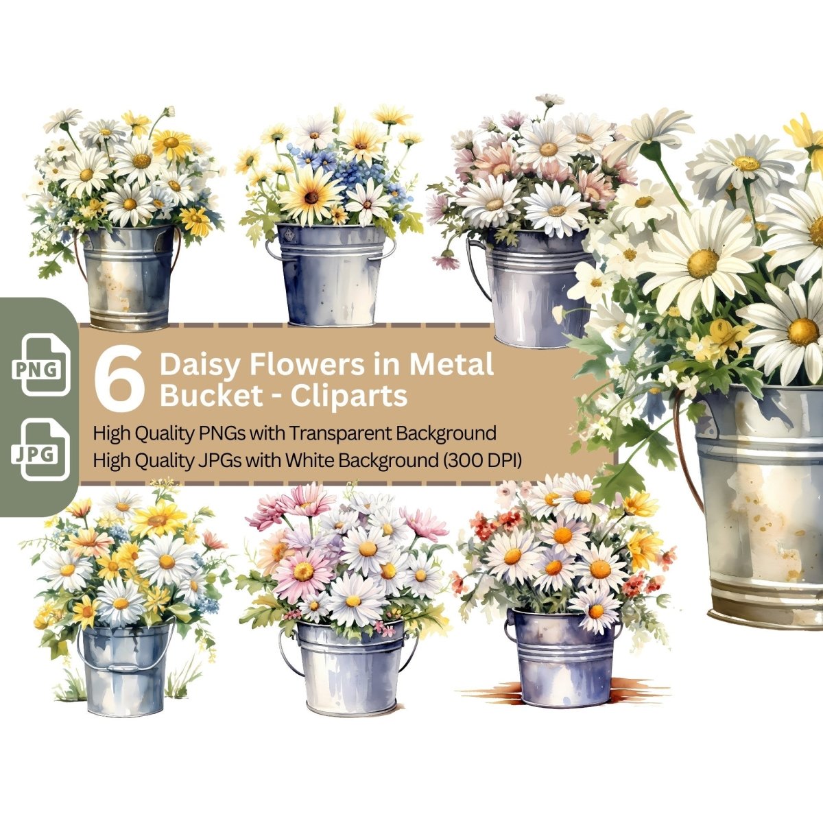 Daisies in Metal Bucket 6+6 PNG Clip Art Bundle - Everything Pixel