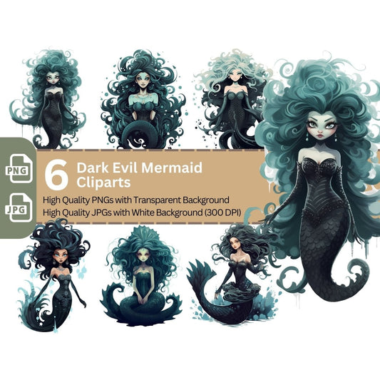 Dark Evil Mermaid 6+6 PNG Clip Art Bundle Fantasy Fairytale Design - Everything Pixel