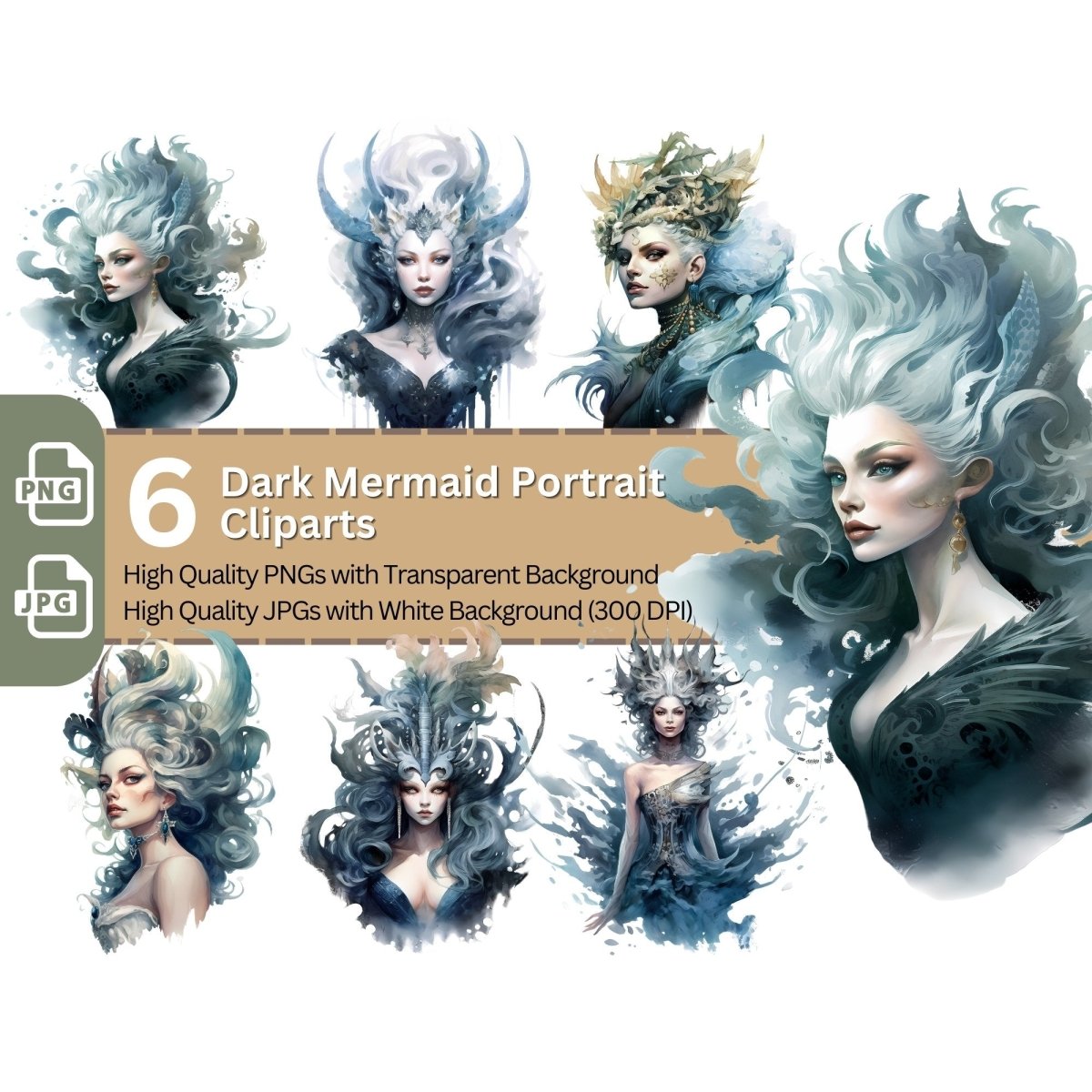 Dark Mermaid 6+6 PNG Clip Art Bundle Fantasy Fairytale Design - Everything Pixel