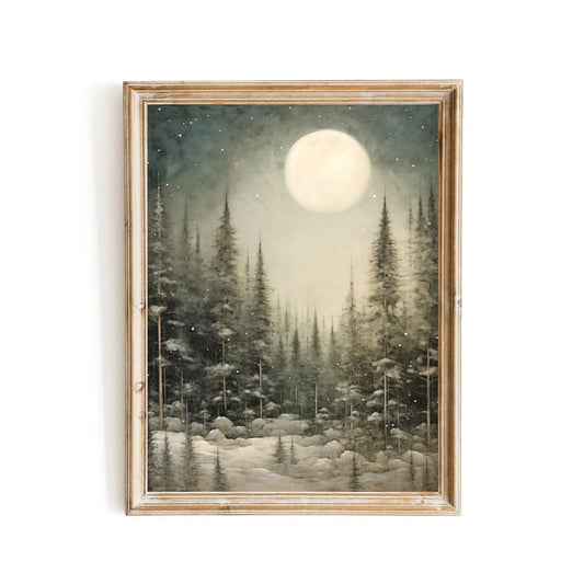 Enchanting Winter Night Wall Art Vintage Winter Woodland Artwork Magical Christmas Night Print Nordic Winter Wonderland Paper Poster Print - Everything Pixel