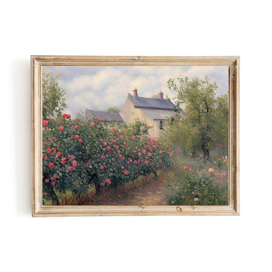 English cottage rose garden vintage art watercolor painting farmhouse decor - Everything Pixel