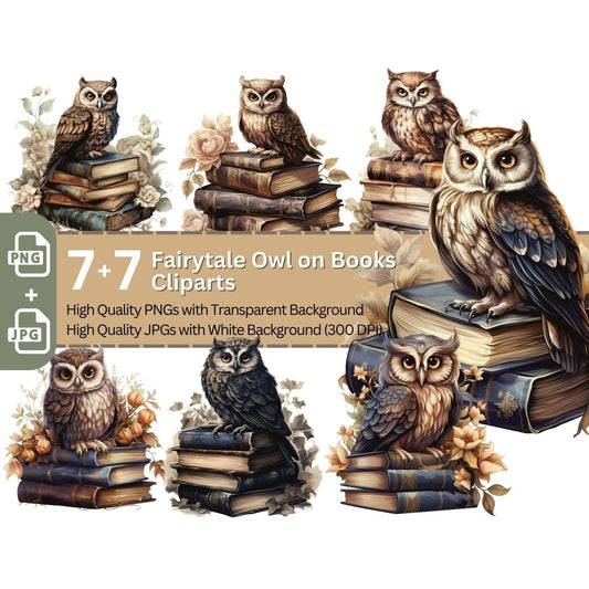 Fairytale Owl on Books Clipart 7+7 High Quality PNGs Bundle Magic - Everything Pixel
