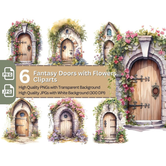 Fantasy Doors with Flowers 6+6 PNG Clip Art Bundle Fairycore Design - Everything Pixel