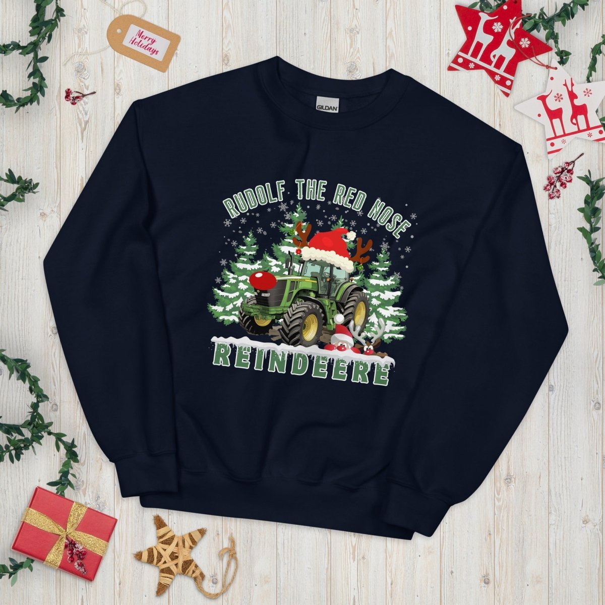 Farmer Christmas Sweater - High Quality Green Tractor Sweatshirt, Gift for Farmer, Rudolf the Red Nose Reindeer, Gift for Tractor Lover - Everything Pixel